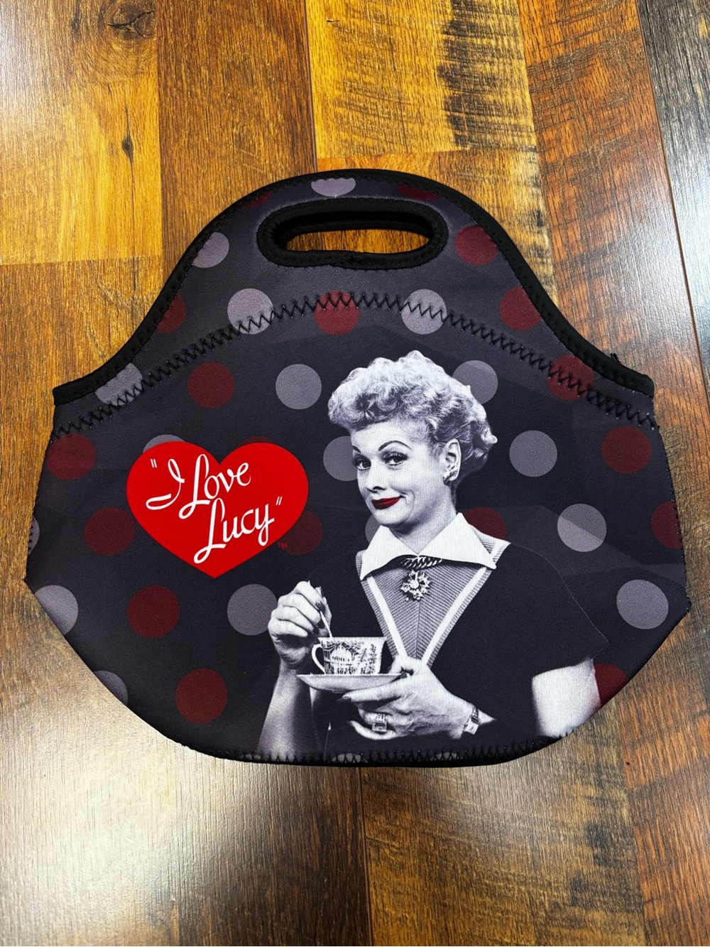 Black/Red Neoprene Lunch Tote with 'I Love Lucy' Heart Graphic Retro 11x11”